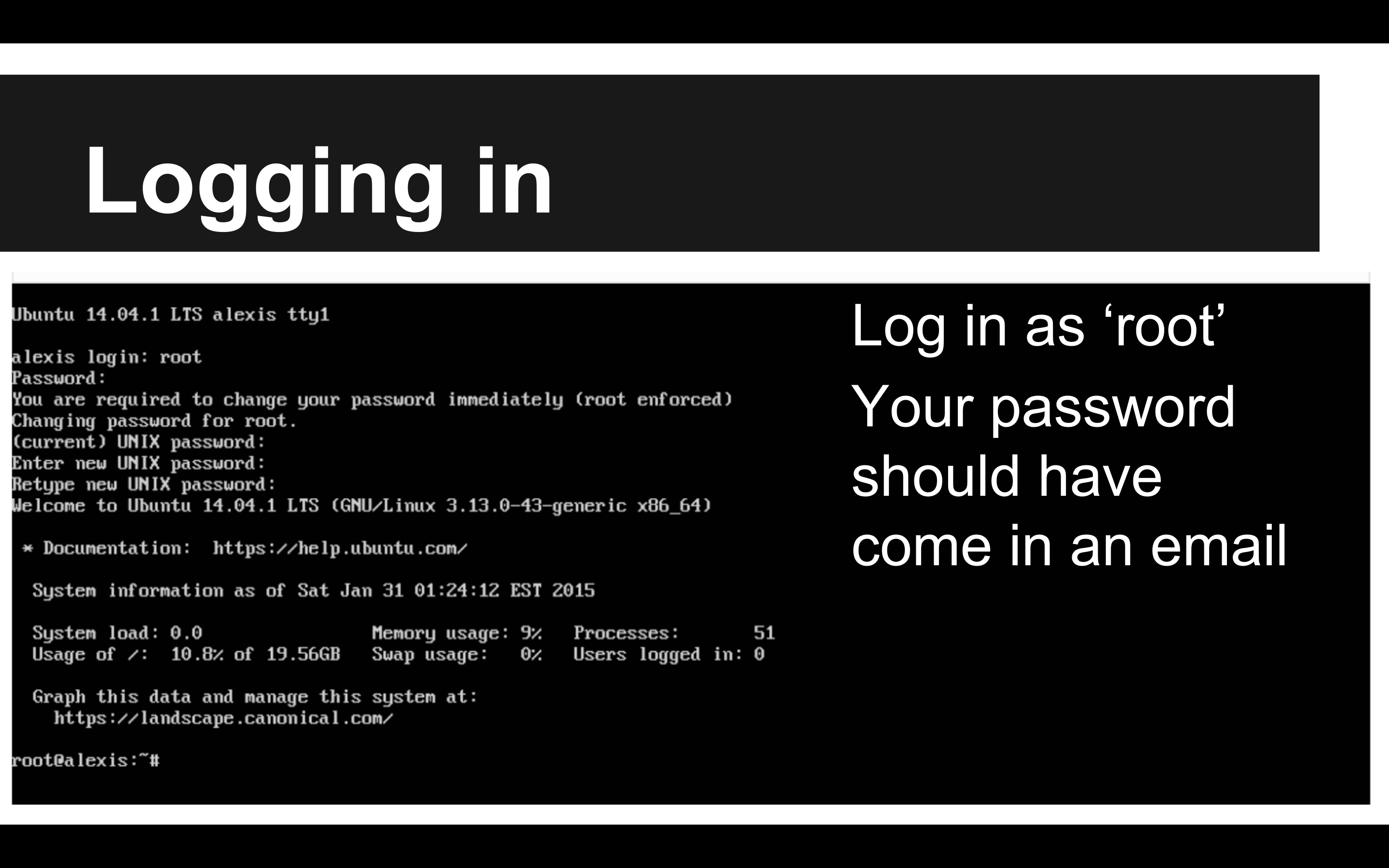 Screenshot of console - logging in as root